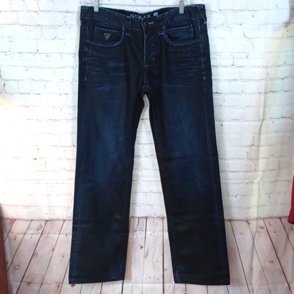GUESS Vintage Mens 36W x34x44 L Button fly Relaxed   Blue Embroidery‎ Jeans